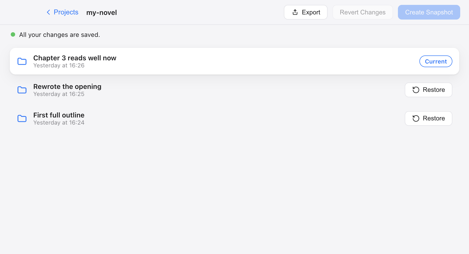 The Keepsake app showing a project’s save points in time order, with everything saved.